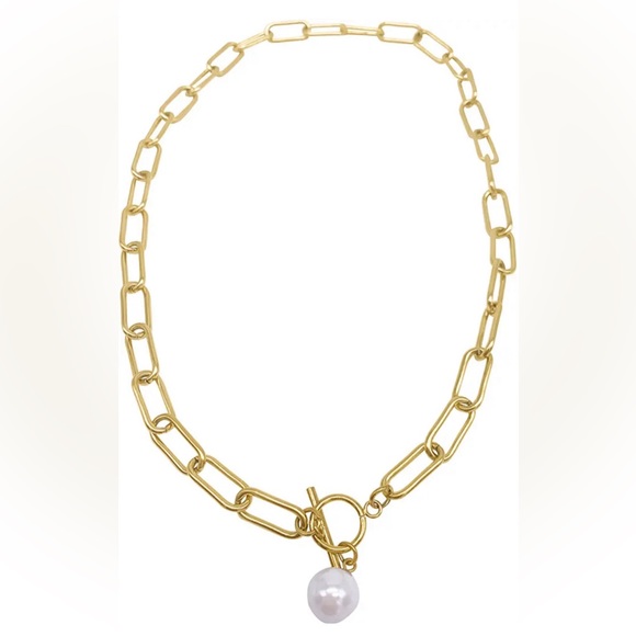 Adornia Jewelry - Adornia 14k Gold plated 8mm Pearl Charm paper clip chain Toggle Necklace